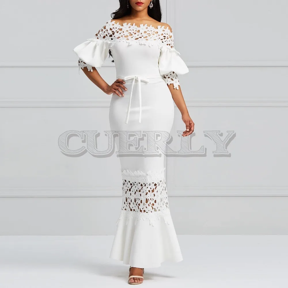 

CUERLY Elegant Long Dress Women White Lace CUERLY Neck Mermaid Dresses Sexy Hollow Lace-Up Bodycon Party Maxi Dresses CUERLY