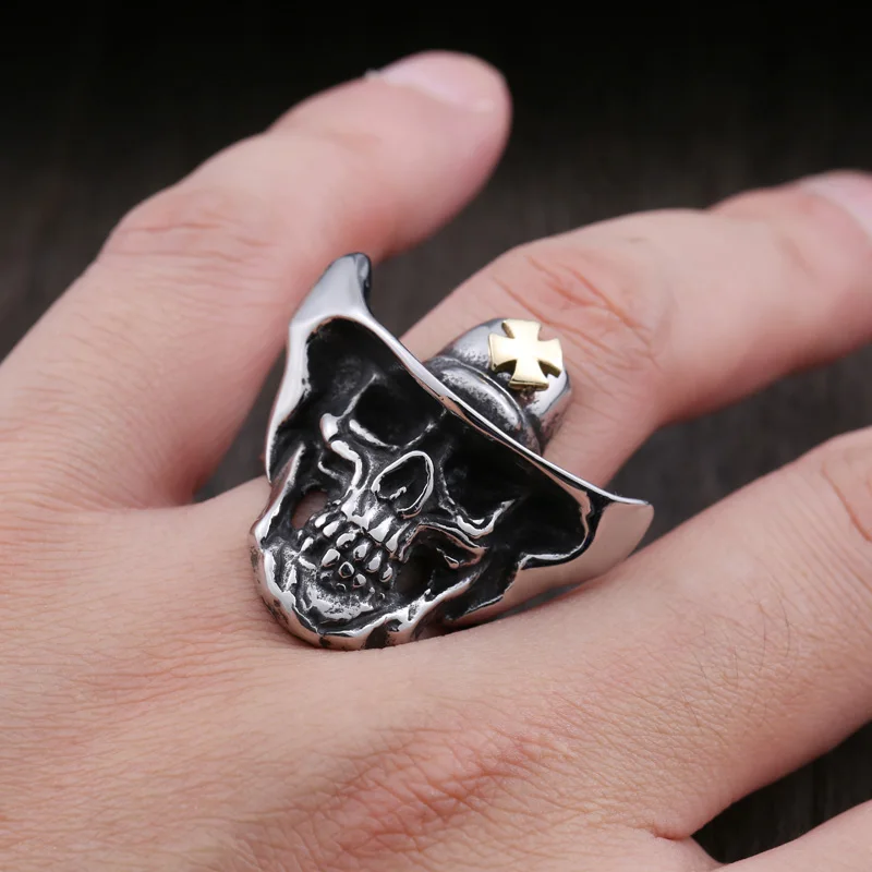 Beier new store 316L Stainless Steel ring top quality gold Cross hat skull ring fashion Jewelry BR8-429