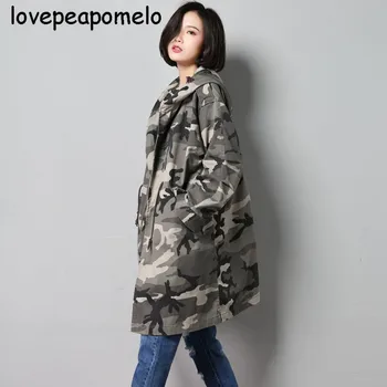 

Women's Windbreaker Spring And Autumn Military Green Overcoats Lage Size Camouflage Hoodies Loose Female Print Long Coat J397