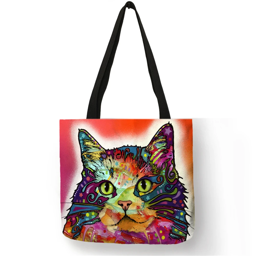 women's business bags Colorful Cat Oil Painting Tote Bag With Customized Print Women Fashion Linen Handbags Reusable Shopping Bags Traveling School genuine leather crossbody bags