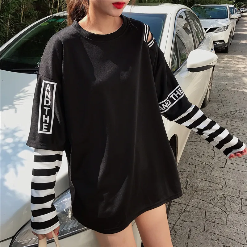 

Lychee Streetwear Off Shoulder Letter Stripe Women T-shirt Long Sleeve Fake 2 Piece Autumn Women T Shirt Loose Lady T-shirts