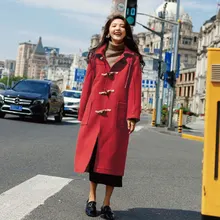 Повседневное длинное шерстяное пальто с роговыми пряжками, Женское пальто, свободные карманы, Женская куртка с капюшоном, корейское женское модное пальто