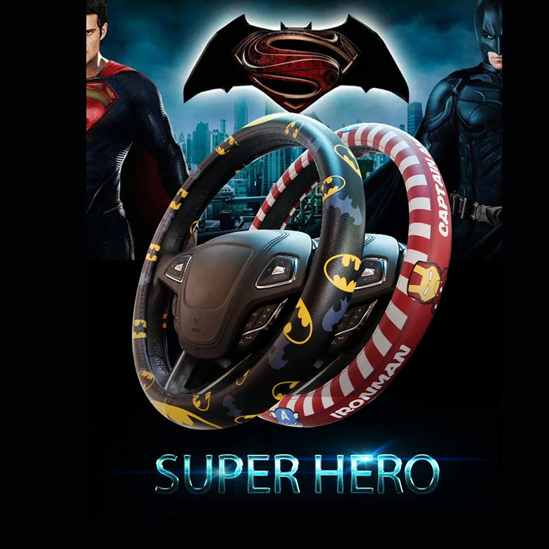 Cartoon Car Steering Wheel Cover Leather Batman Superman Ironman Auto Steering-Wheel Covers Case Accessories Universal Size M Cartoon Car Steering Wheel Cover Leather Batman Superman Ironman Auto Steering-Wheel Covers Case Accessories Universal Size M