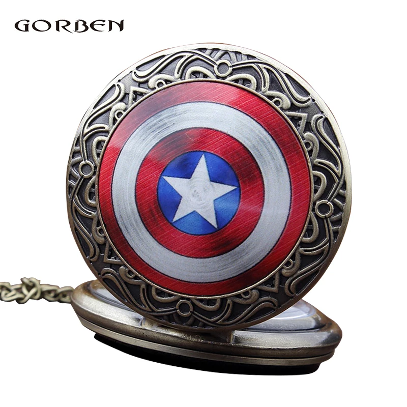 

2018 Retro Vintage Pocket Watch Star Captain Hero necklace Chain Antique Bronze Mens Quartz pocket Fob watches Relogio De Bolso