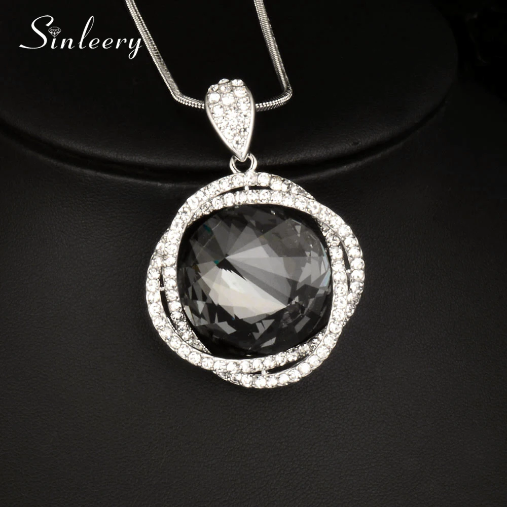 

SINLEERY Women Trendy Big Gray Cubic zirconia Round Circle Pendant Long Necklace Silver Color Winter Chain MY082 SSE