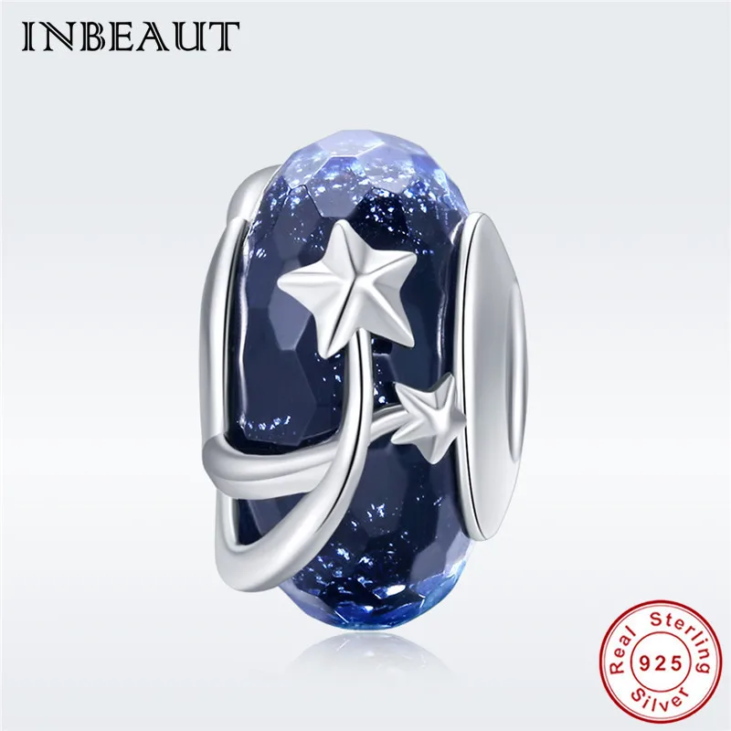 

Autumn Night Sky Charm fit Pandora Bracelet Real 925 Sterling Silver Blue Universe Star Glass Beads Christmas Jewelry Making