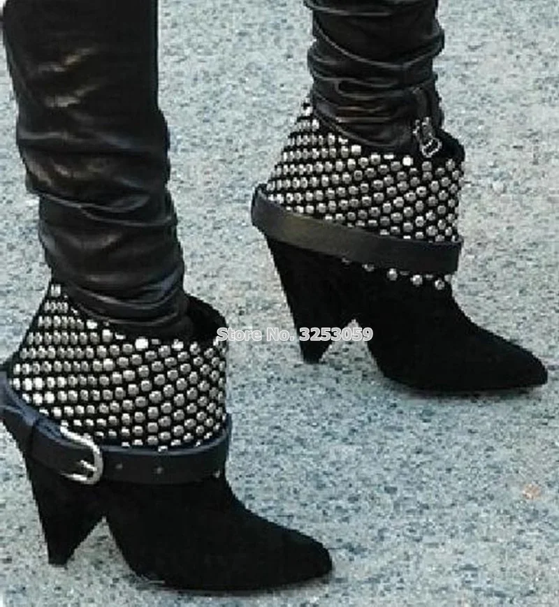 Rivets Cheville Bottes Boucle Moto Transitoire Sangle En Chaussons Suede As Décoration Femmes Argent Almudena Cloutés Métal Noir Picture Talon Qhtrsd