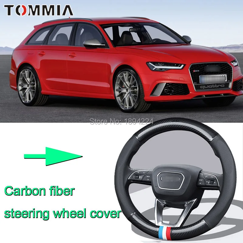

38CM Size M Rubber Carbon Fiber Leather Car Steering Wheel Cover Non-slip breathable For Audi Rs6 2017-2019