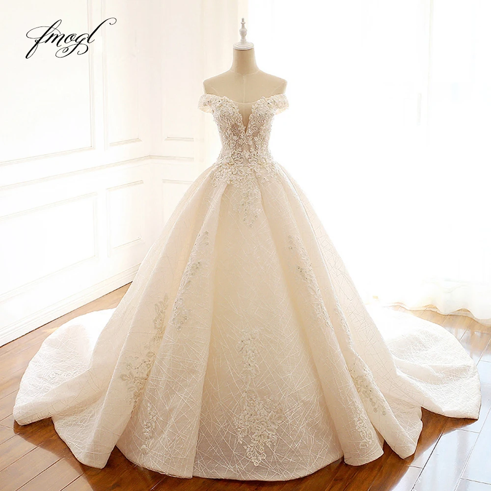 Fmogl, кружевной вырез лодочкой, винтажное бальное платье, свадебные платья, с аппликацией, бисером, жемчугом, свадебное платье, Vestido De Noiva, большие размеры