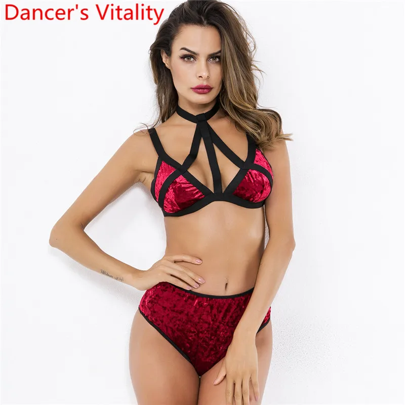 

Fashion Sexy Nightclub Hot Velour Bandage Bra Underpants Set Western Lingerie Bikini Bar Nightclub Pole Jazz Dance Wear Outfits