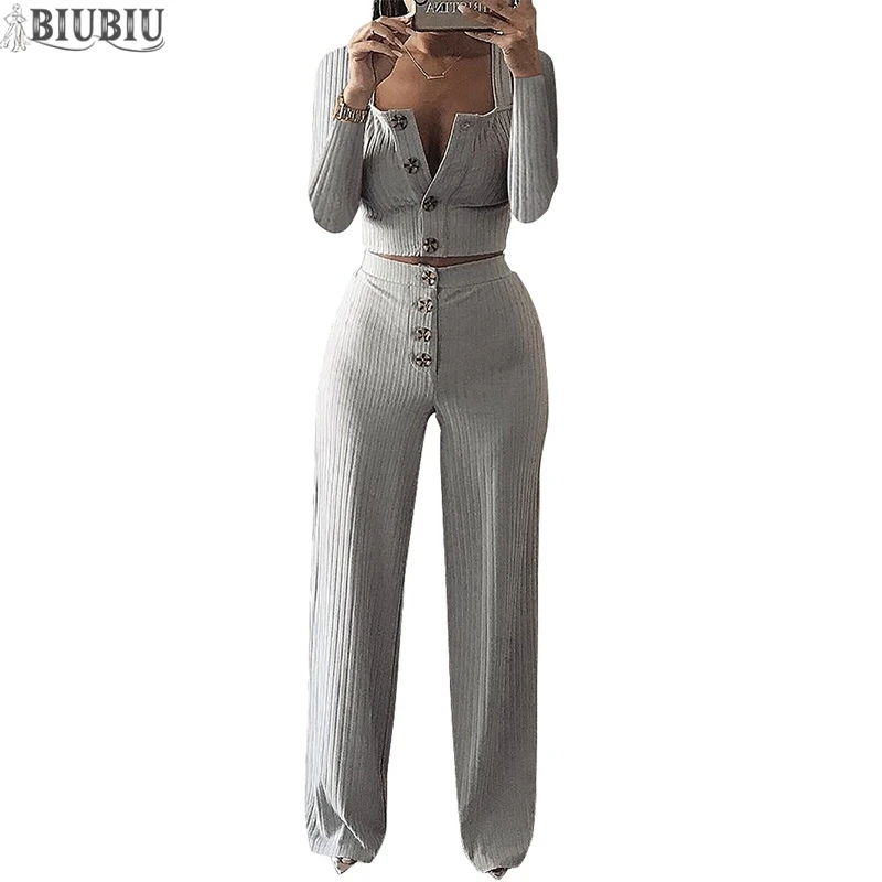 

BIUBIU Women's Sets Solid Button Square Collar Slim Two-piece Suit Full Sleeve Tops Straight Pants Woman Office Lady Casual Set