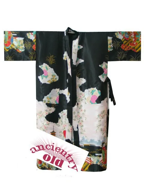 Темно-синий китайский женский шелковый халат кимоно банное платье Ночная рубашка Размеры S M L XL XXL XXXL W4S003 - Цвет: Черный