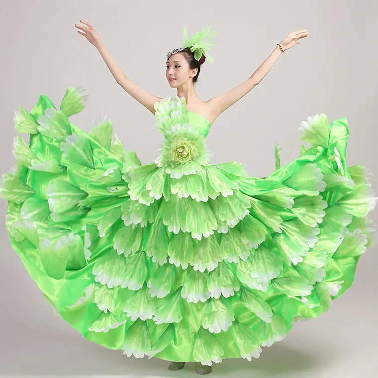 Новинка Испания открытие танцевальный костюм женский большой пион лепесток платье - Цвет: Green