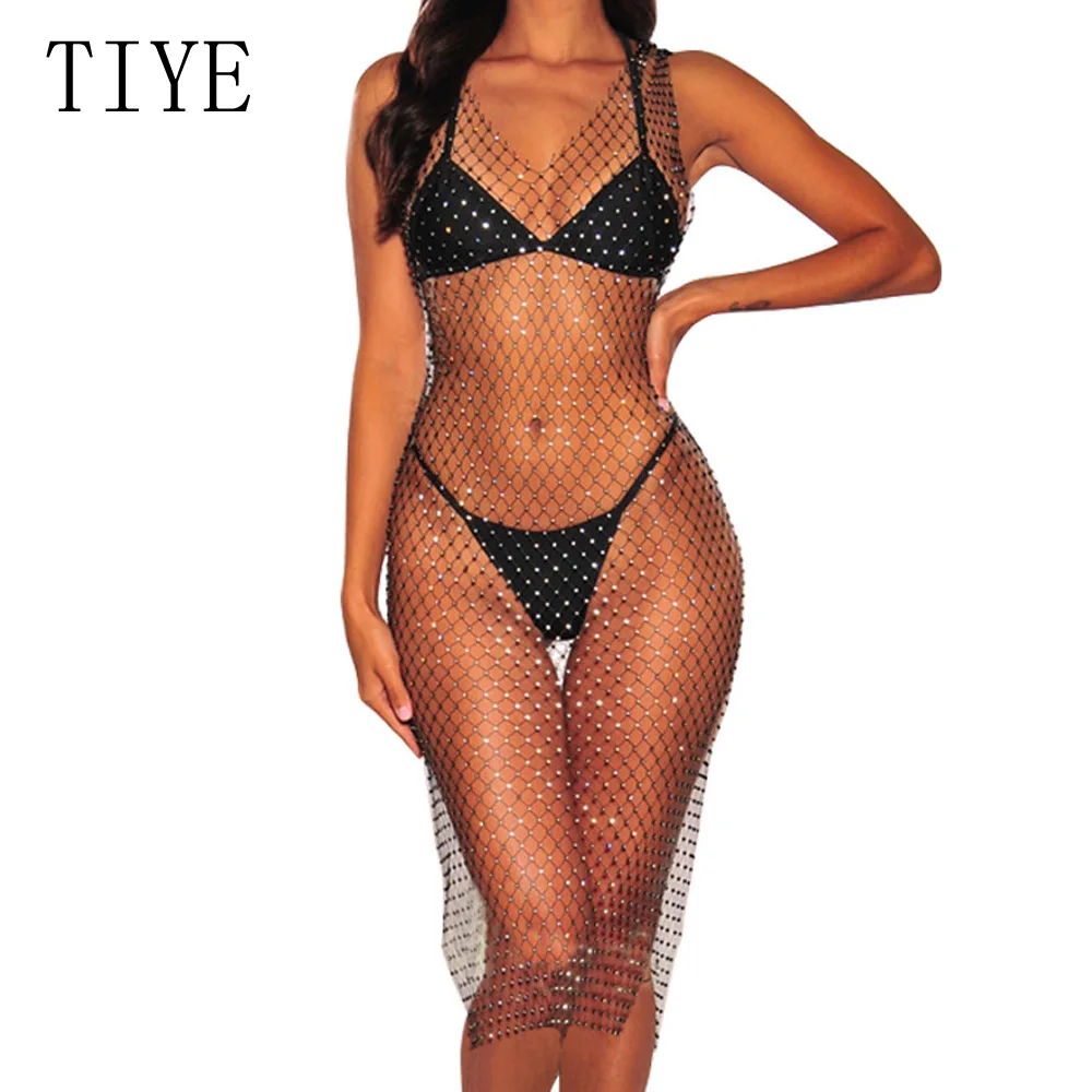 

TIYE Crystal Diamond See-through Mesh Sexy Bodycon Dresses Hollow Out Crochet Patchwork Grid Dress Summer Beach Party Vestidos