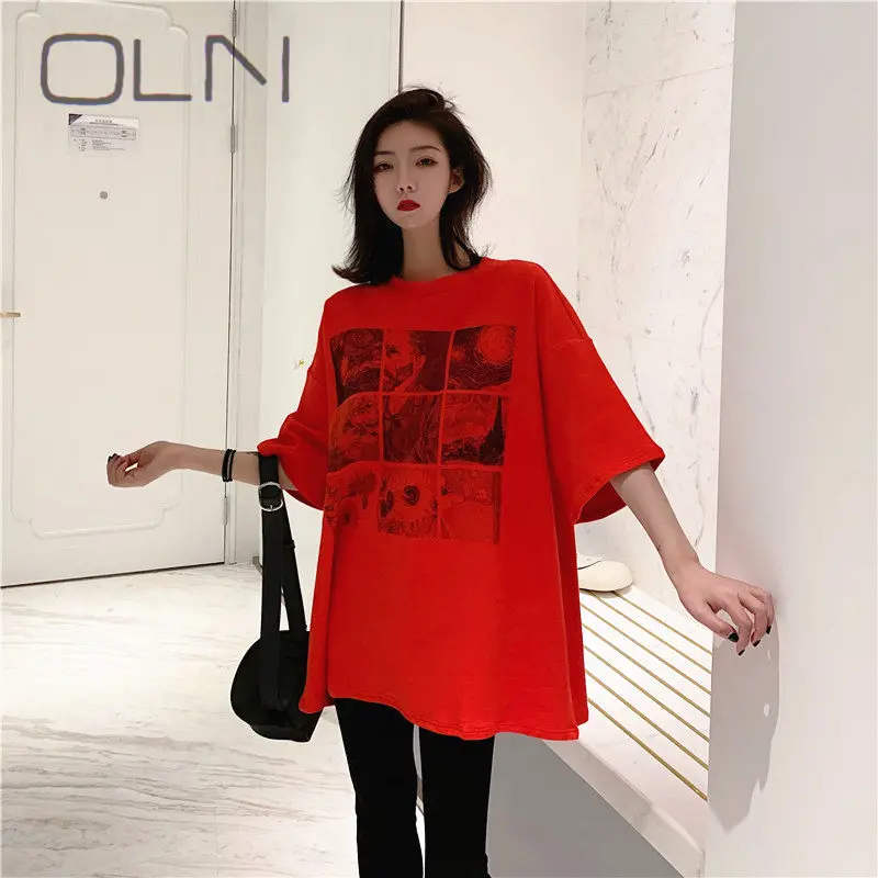 Hong Kong стиль Новая широкая удобная утепленная дикая шлифовальная модная длинная футболка с круглым вырезом - Цвет: Красный