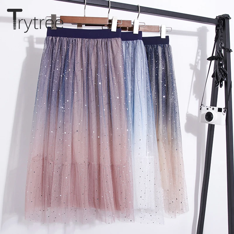 

Trytree Summer Autumn Romantic A-line Double layer Mesh Women Skirt Mid-Calf Ruffles Patchwork Star Sequined Skirt Female Skirts