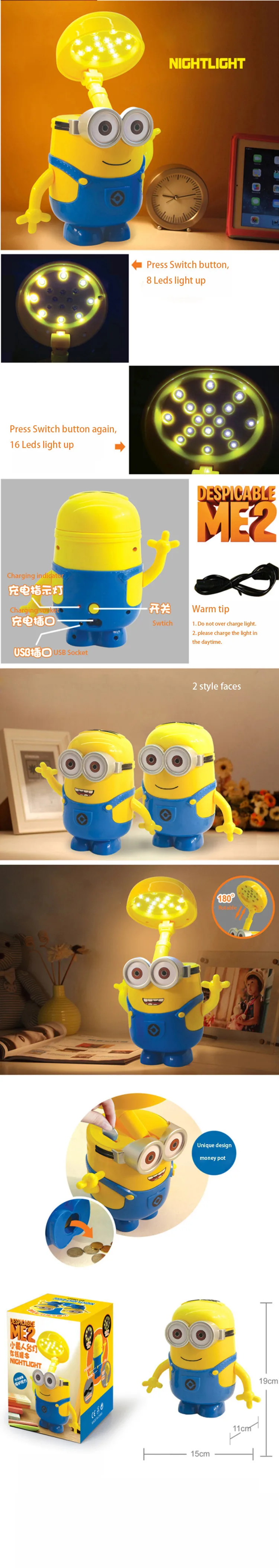 Lovely Cartoon Minions Rechargeable LED Lamp Night Light as Money Box Piggy Bank For Children Shop 5