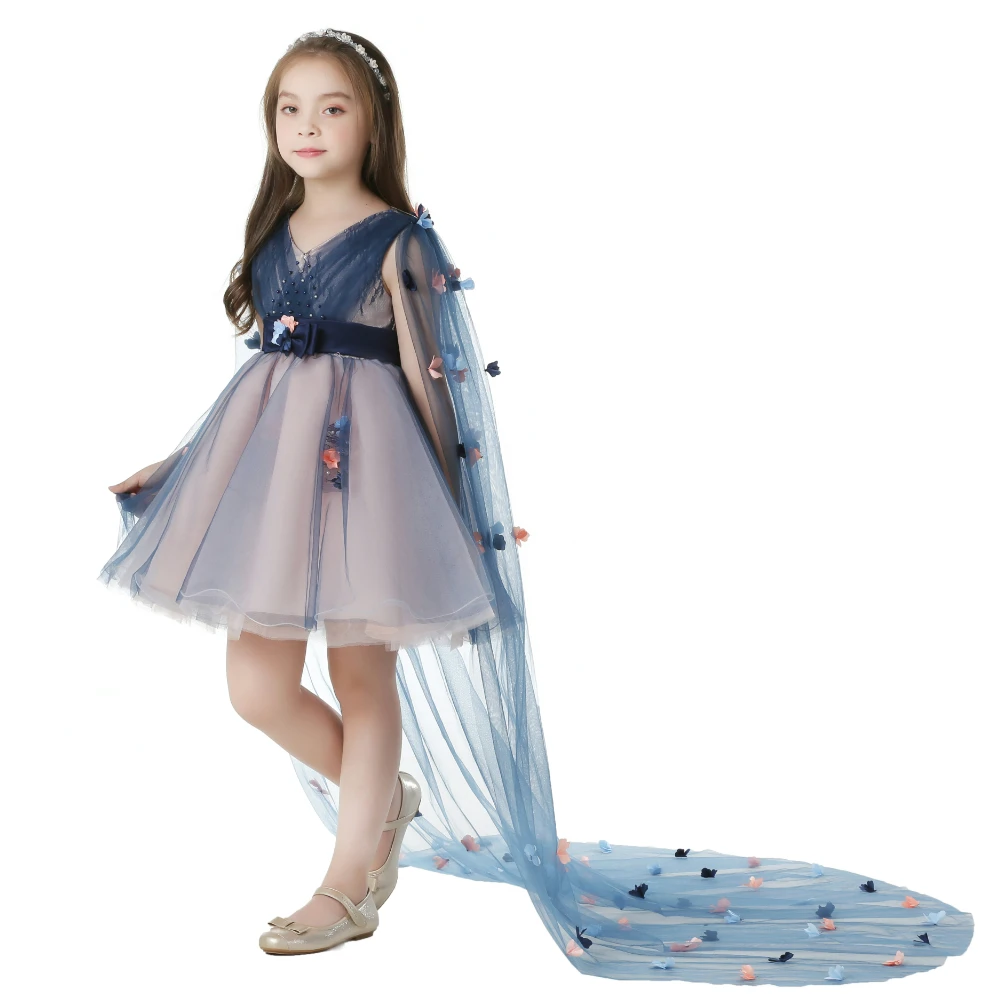 

Free Shipping 4-12 Year Kids Party Dress 2019 New Arrival Patchwork Navy Blue Flower Girl Dresses With Train Child Princess Gown