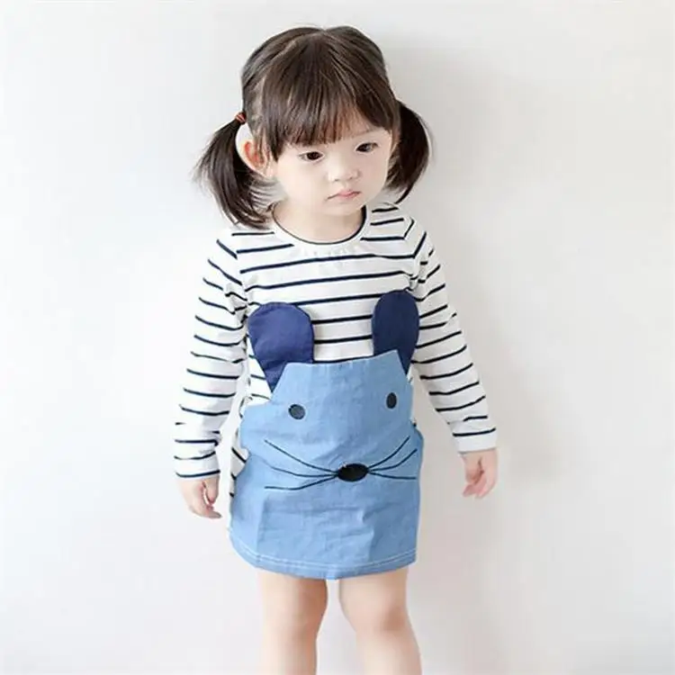 

Striped Patchwork Character Girl Dresses Long Sleeve Cute Mouse Children Clothing Kids Girls Dress Denim Kids Clothes