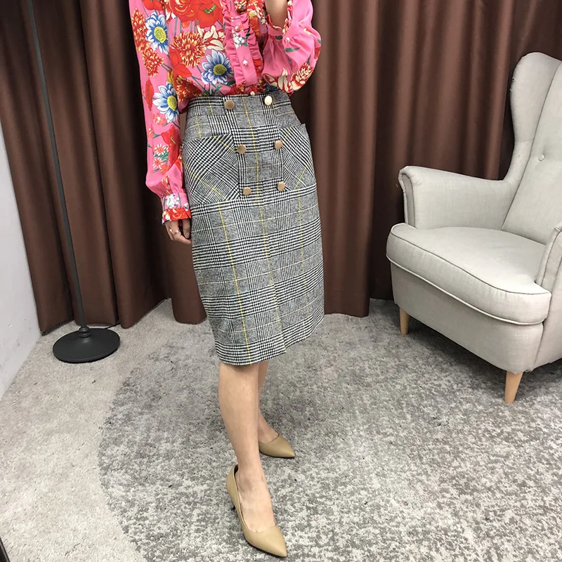 Plaid Falda Doble Nuevo Mujeres Lápiz Elegante Faldas Oficina 2018 E De Chart Invierno See Breasted Lana Las Otoño RgItqw