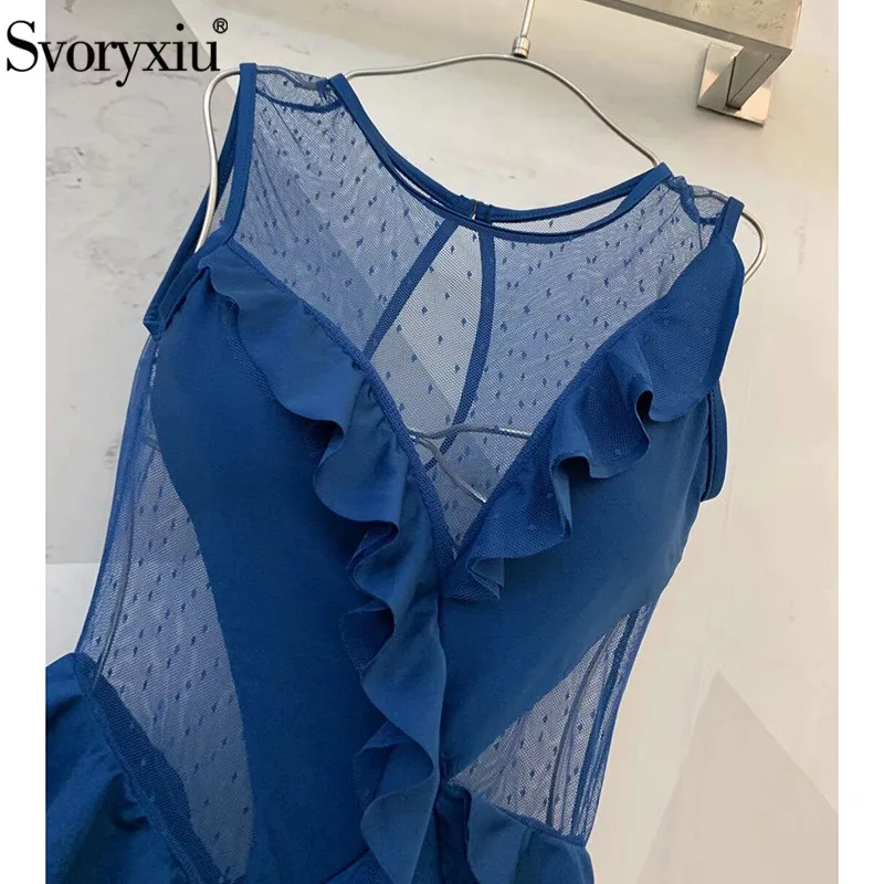 Svoryxiu Mesh Blue One Piece Bodysuit Women's Summer Holiday Sexy Ruffle Bathing Suit Swimwear New