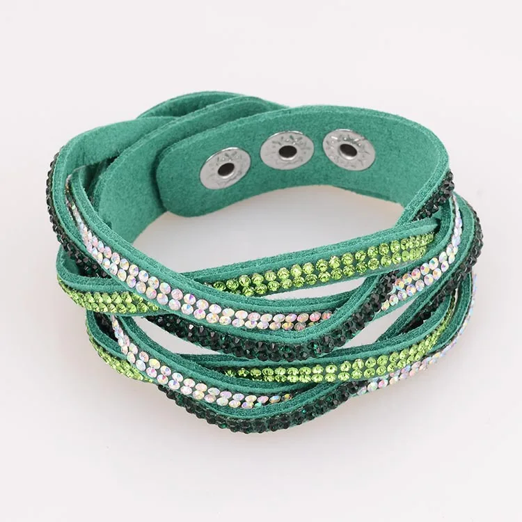 Miasol плетеные замшевые кожаные браслеты с двойным обвитием с Biling Crystal Rhinestone wrap ped браслет на руку для женщин подарок - Окраска металла: Green