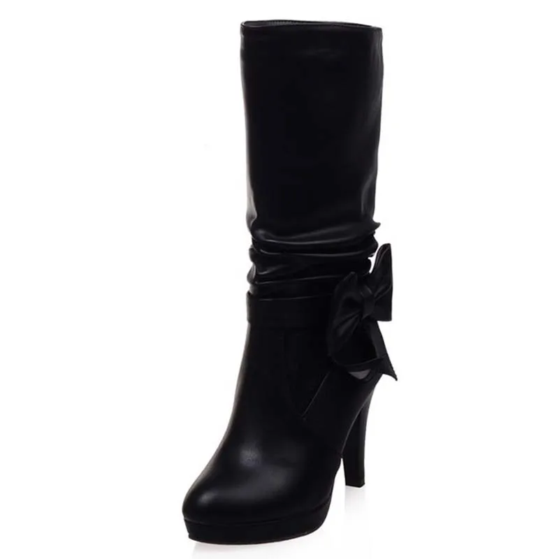 

Size 34-39  PU Leather Mid-Calf Round Toe Slip-On Thin Heels Bowtie Boots For Women 3-color New Fashion Boots