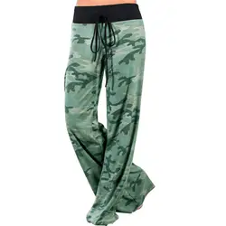 Для женщин зеленый камуфляж печати широкие брюки свободные середины талии прямые мотобрюки длинные женские мотобрюки удобные повседн