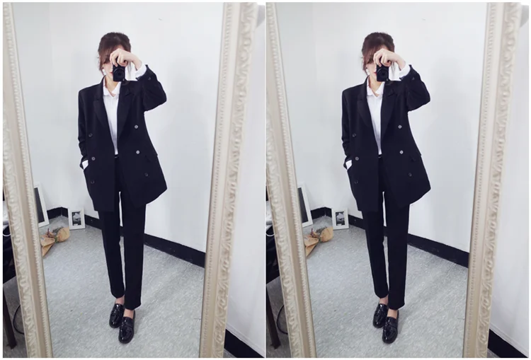 Новая Корейская версия диких моды свободный двубортный маленький костюм куртка Харлан брюки два комплекта женский прилива женская одежда