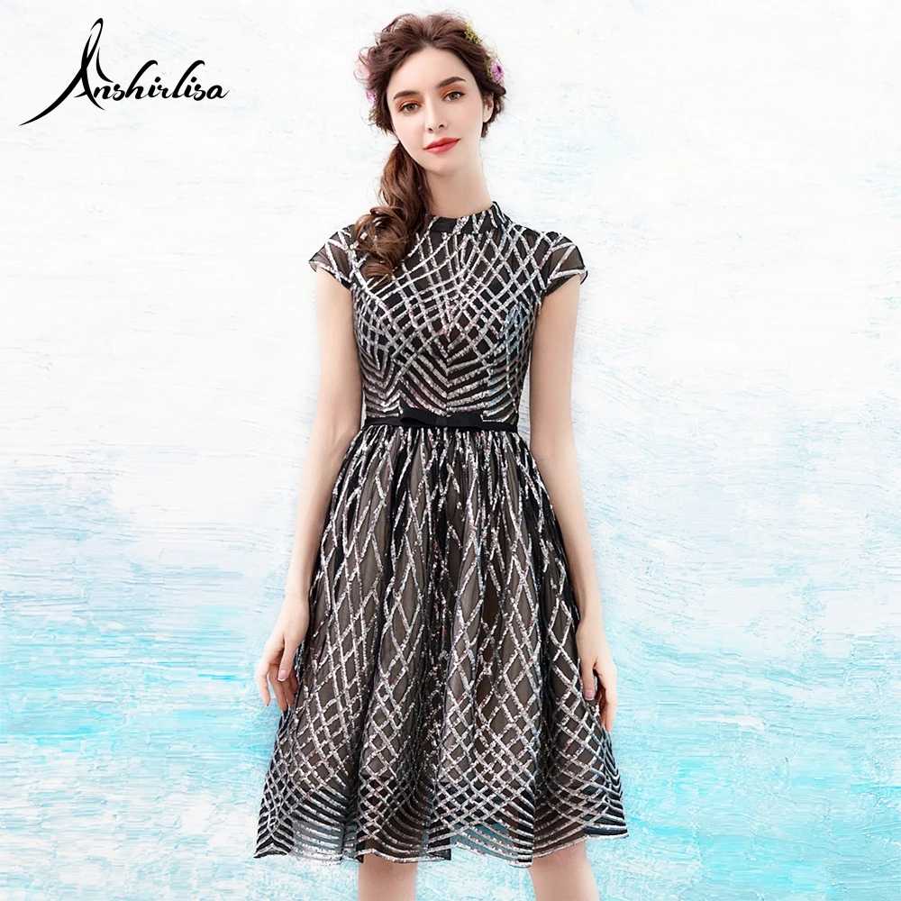 

Anshirlisa Women Plaid Pattern High-neck Cap-sleeve Knee-length Cocktail Dress Short Silver Prom Party Dress Formal Evening Gown