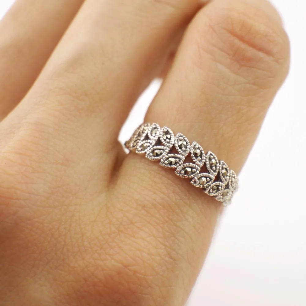 

925 Sterling Silver Oxidized Retro Marcasite Stone Leaves Branch Ring A3013