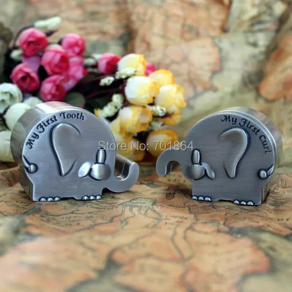 

NEW ARRIVAL - Newborn Baby Keepsake / Family Gift Elephant Shaped First Tooth and First Curl Boxes Metal Artcraft Trinket Box