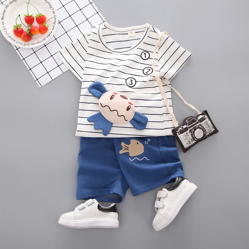 

Summer kid clothes for Boys Short Sleeve Striped Cartoon Print Tops T-shirt+Shorts Children Girls Casual Clothing Sets
