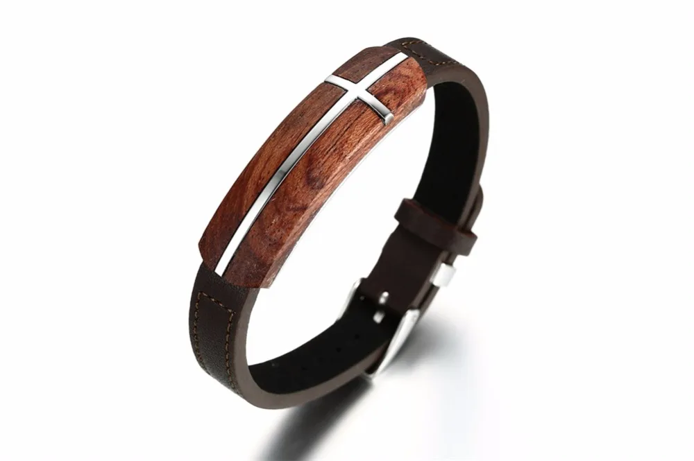 Mens Genuine leather bracelet in Brown Rosewood Cross Inlay Tag Adjustable Wristband Stainless Steel Buckle Men Jewelry  Pulseira Braslet Masculina Bracciale Pulseras Hombre bileklik 15