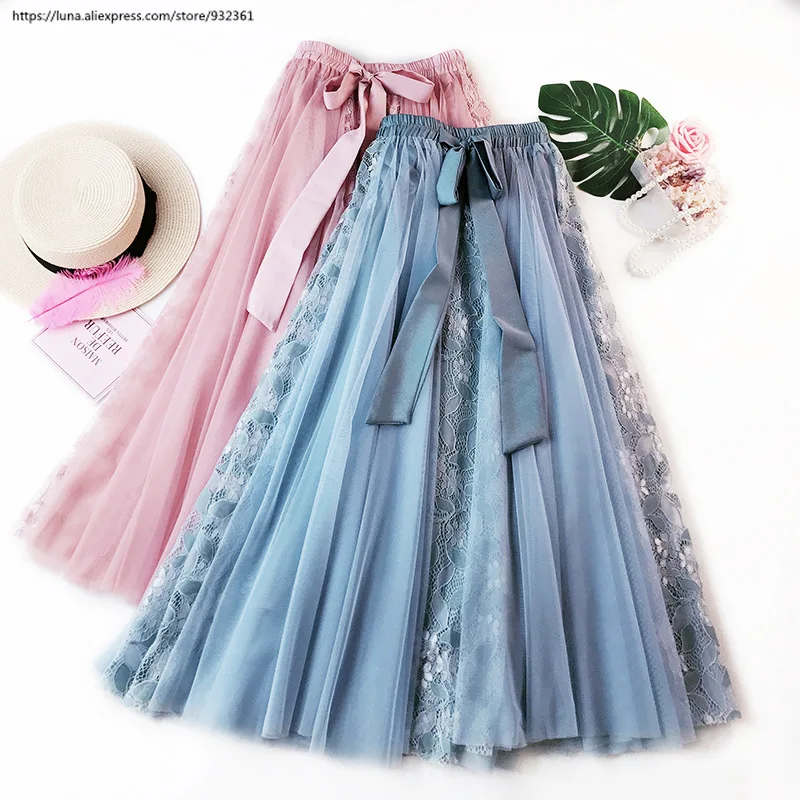 Корейские модные кружевные сетчатые длинные женские плиссированные юбки, летние юбки-пачки большого размера, jupe pliss femme