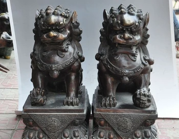 

22" china fengshui brone Evil spirits animal foo dog lion beast ball statue pair