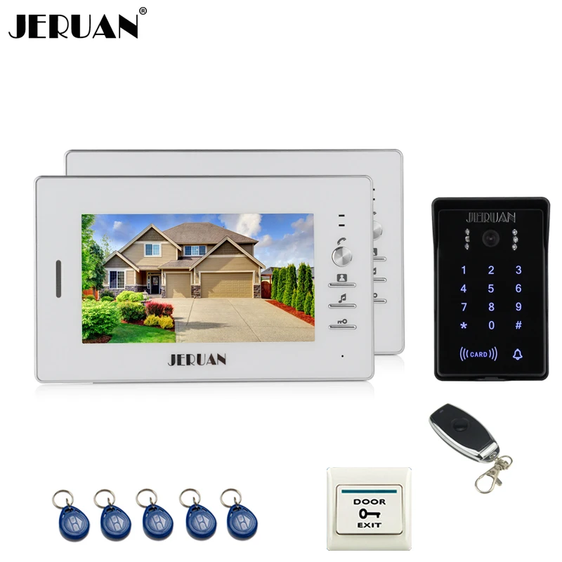 JERUAN wired 7 inch video doorphone intercom system 2 white monitor 700TVL RFID waterproof touch key password keypad camera