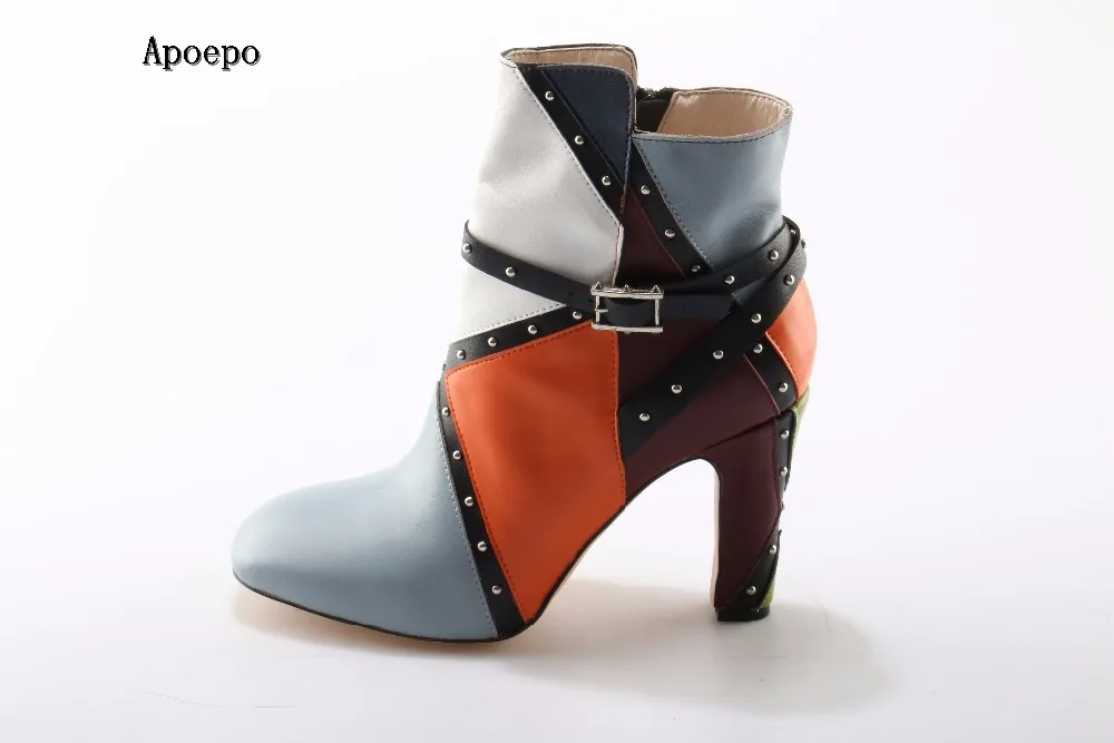 

New Brand High quality leather Geometric style ankle boots rivets studded thick heels short boots for woman buckle strap boot