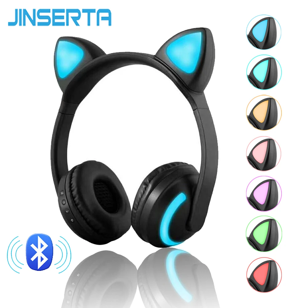 JINSERTA Bluetooth Stereo Cat Ear Headphones Flashing Glowing cat ear headphones Gaming Headset Earphone 7 Colors LED light