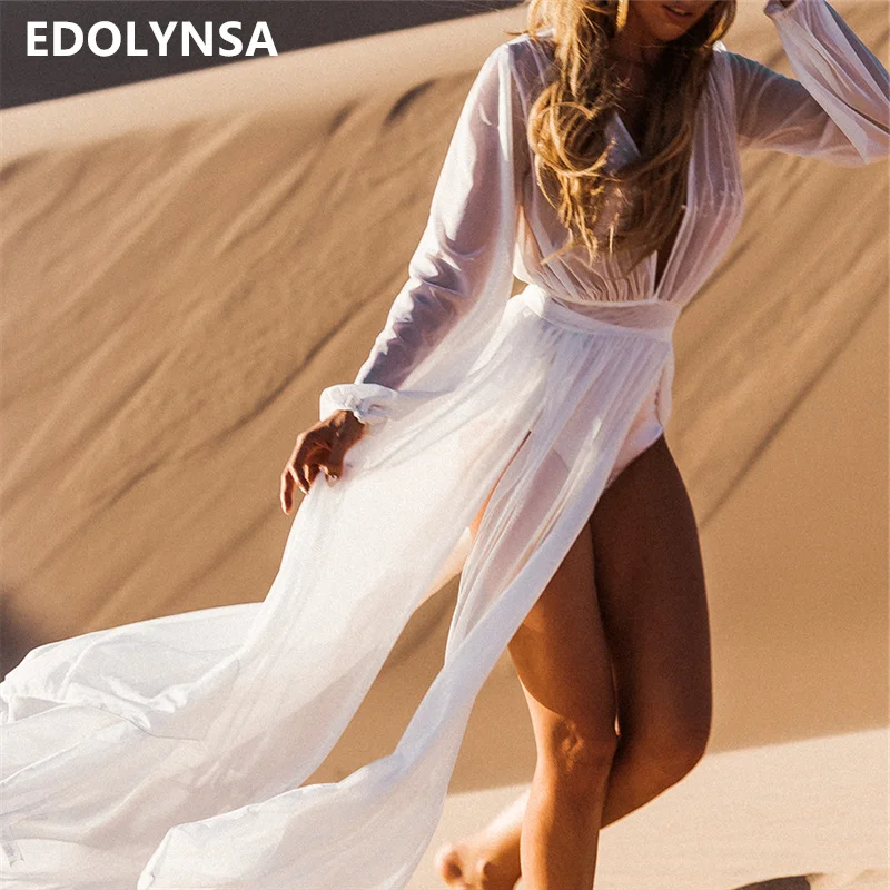 

White Chiffon Swimsuit cover up Beach Tunic Sexy Sarong Robe de Plage Beachwear kaftans long Beach Dress Womens Swim Wear #Q524