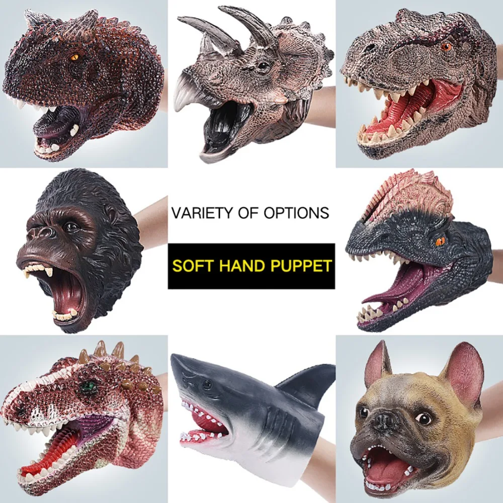 

Dinosaur T-Rex Figures Hand Puppets Gloves Soft Vinyl Rubber Animal Shark dog Cow Head Action Finger King Kong Model Toys gift