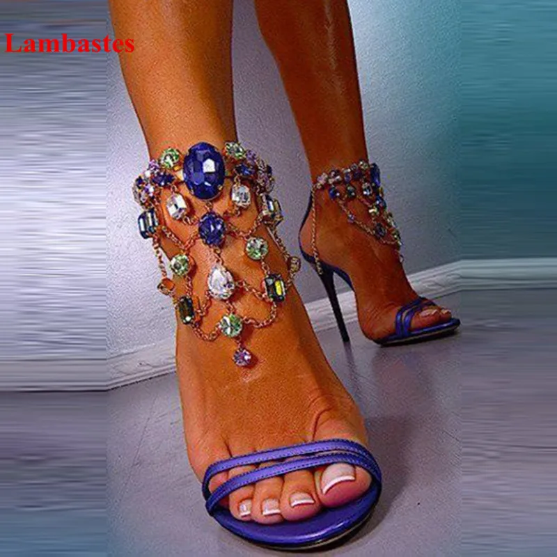 

Big Size Sandalias Mujer Purple Crystal Chain Decoration Open Toe Female Sandals Zip Up Thin Heel Stiletto Femmes Sexy Sandales