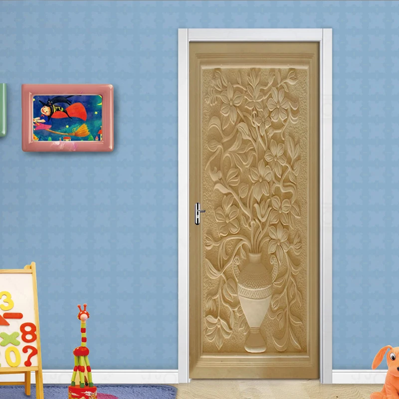 Европейский Рельефный цветок 3D стикер на дверь ПВХ самоклеющиеся съемные настенные Стикеры для гостиной двери домашний декор обои плакат