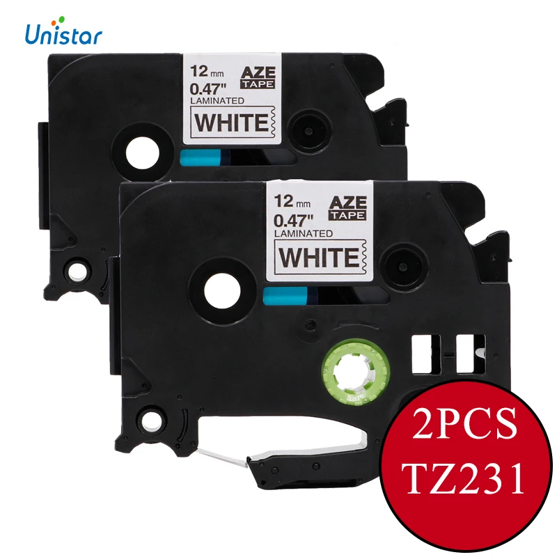 Unistar 2 шт. Совместимость для Brother P-touch Tape 12 мм TZe-231 TZe231 TZe 231 черные белые ленты с