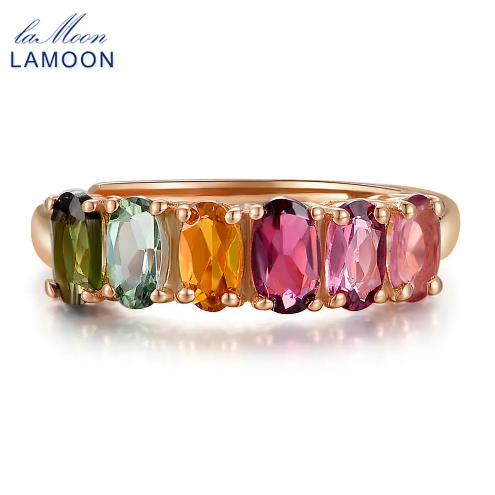 LAMOON 100% Real Natural 6pcs 1.5ct Oval Multi-color Tourmaline Ring 925 Sterling Silver Jewelry with  S925 LMRI005