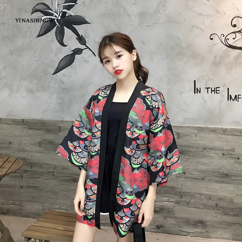 Yukata, женская блузка с поясом, новая мода, кимоно, блузка, японский веер, принт, женская рубашка, летняя, солнцезащитная, топы, Япония, кимоно, для женщин