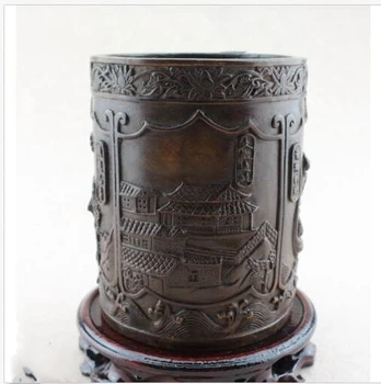 

Chinese Old Bronze Carving Palace Fairy Pagoda Brush Pot Pen Vase Study Statue