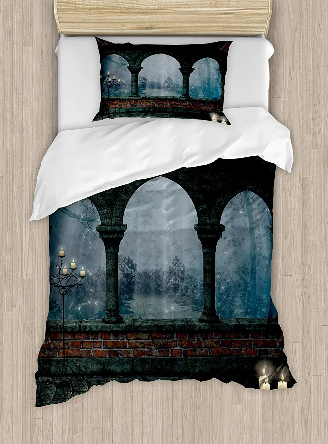Gothic Duvet Cover Set Twin Size Medieval Castle at Night with Old Arch and Candles Middle Age