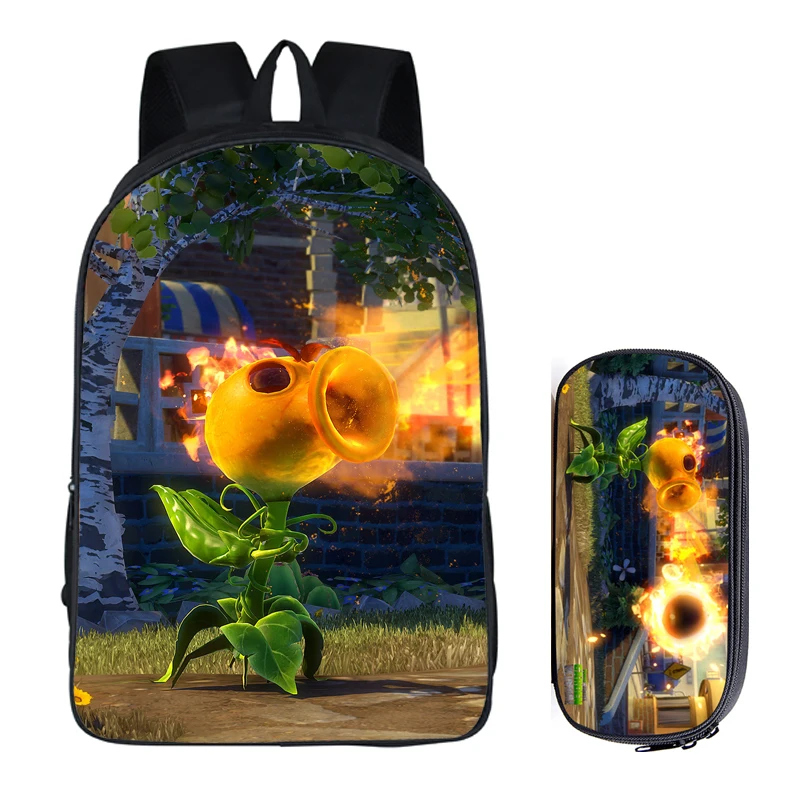 Japanese Anime Plants vs. Zombies 2PC Set with Pencil Case Student Backpacks DIY Printing Cool School Bags For Boys Book Bag