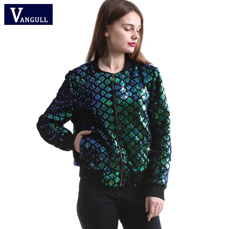 Vangull New Spring Autumn Women Sequin Coat Green Bomber Jacket Long Sleeve Zipper Streetwear Jacket Preppy Casual Basic Coat